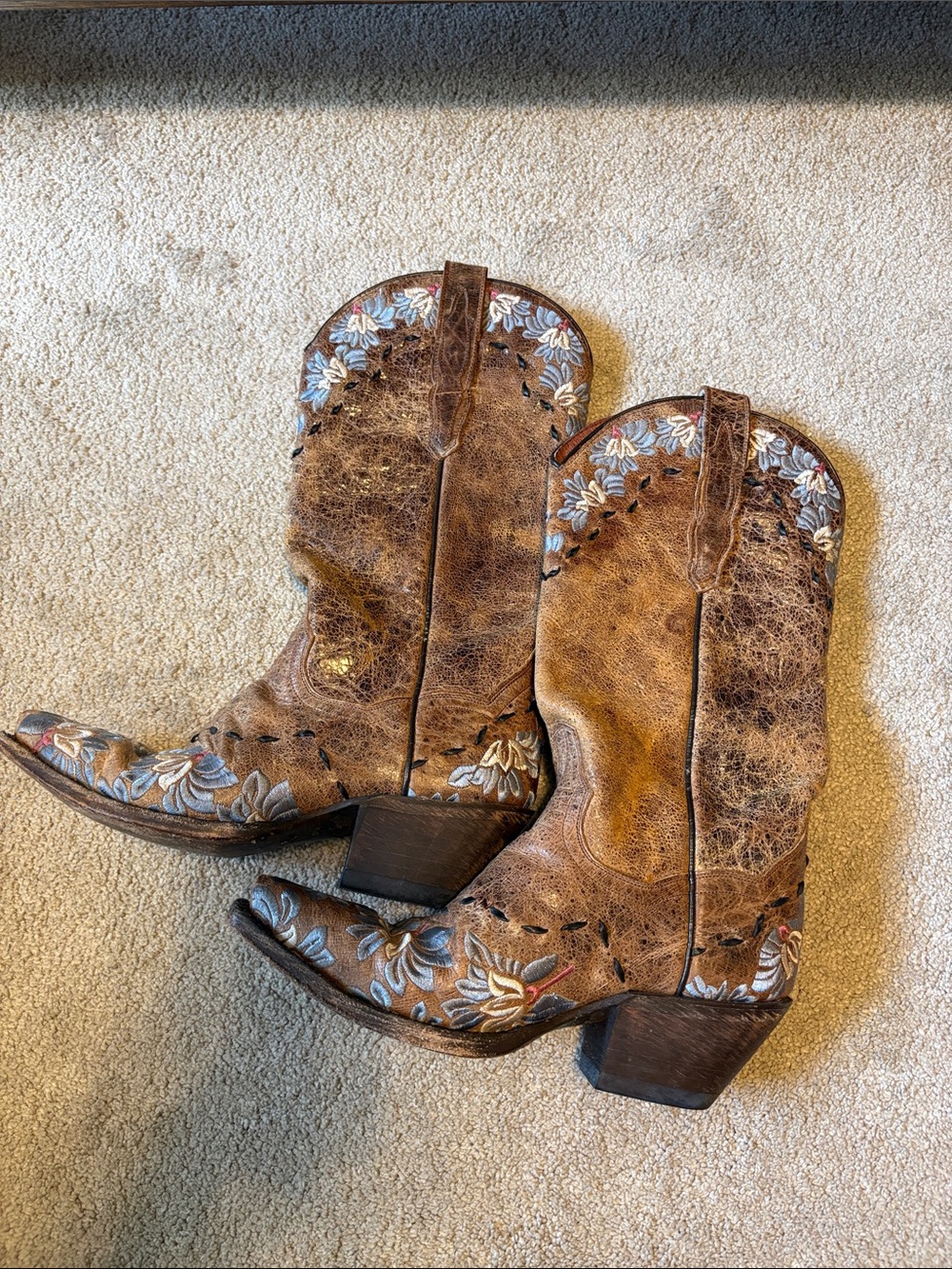 Dan Post Women’s Embroidered Brown Leather Cowboy Boots with Blue Floral Accents - Picture 2 of 5